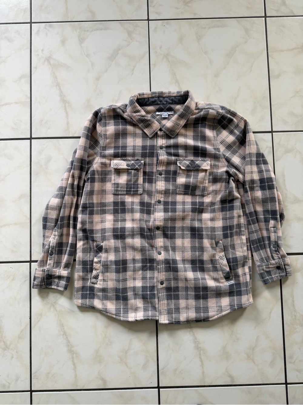 O'Neill Women's Plaid Button-Up Shirt Jacket in Beige and Gray